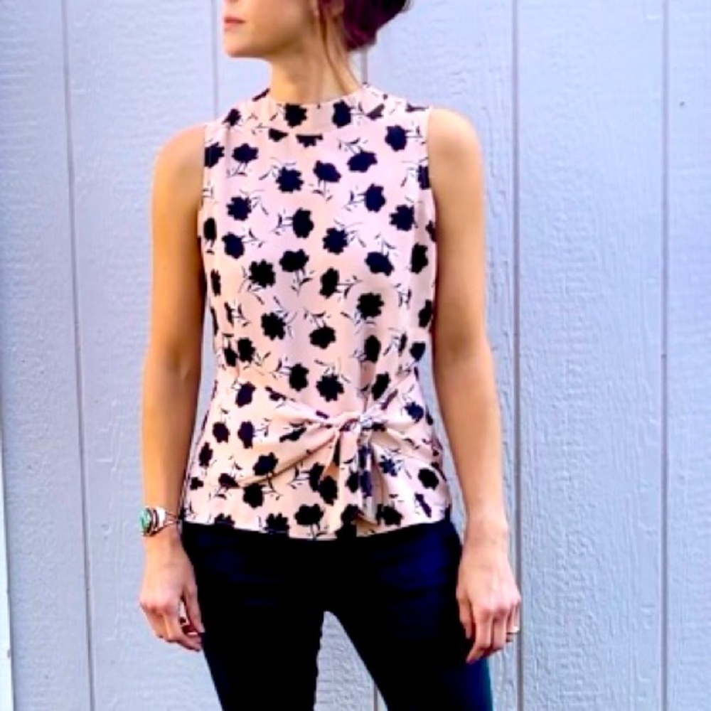 Ann Taylor | (NWT) Sleeveless Blouse With Tie | XS (Petite) | Pink and Black